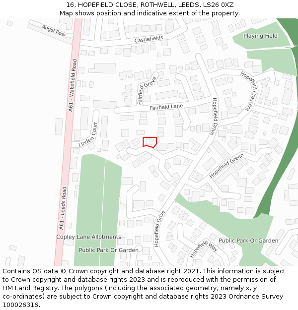 16, HOPEFIELD CLOSE, ROTHWELL, LEEDS, LS26 0XZ: Location map and indicative extent of plot