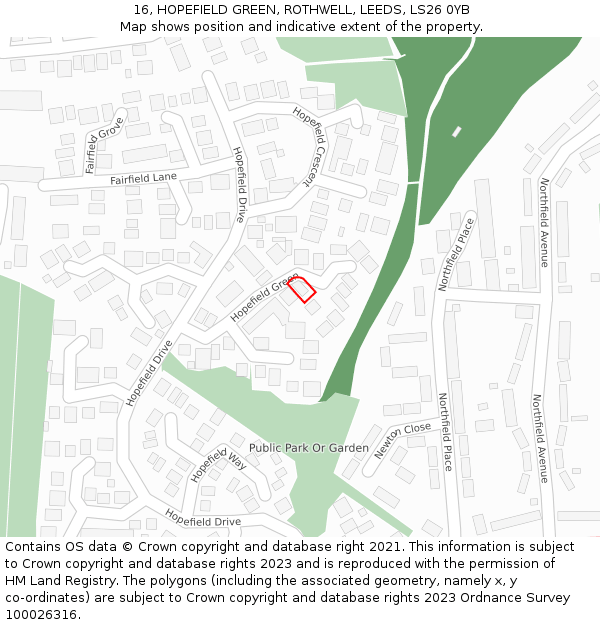 16, HOPEFIELD GREEN, ROTHWELL, LEEDS, LS26 0YB: Location map and indicative extent of plot