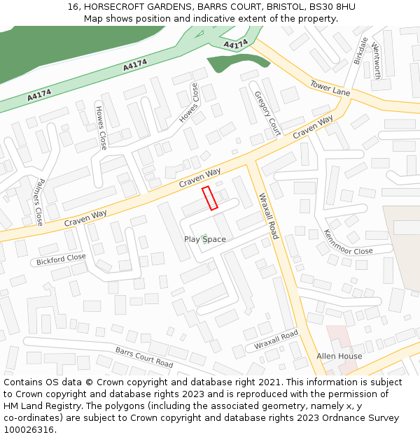 16, HORSECROFT GARDENS, BARRS COURT, BRISTOL, BS30 8HU: Location map and indicative extent of plot