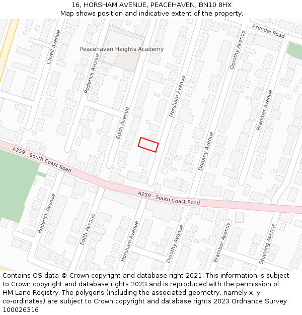 16, HORSHAM AVENUE, PEACEHAVEN, BN10 8HX: Location map and indicative extent of plot