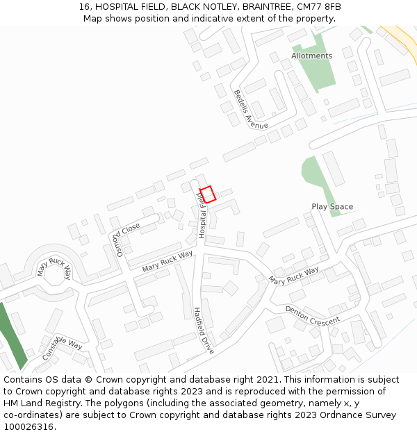 16, HOSPITAL FIELD, BLACK NOTLEY, BRAINTREE, CM77 8FB: Location map and indicative extent of plot