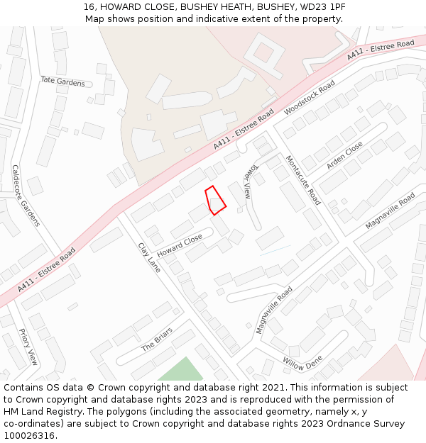 16, HOWARD CLOSE, BUSHEY HEATH, BUSHEY, WD23 1PF: Location map and indicative extent of plot