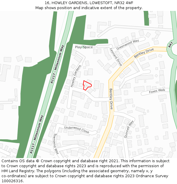 16, HOWLEY GARDENS, LOWESTOFT, NR32 4WF: Location map and indicative extent of plot
