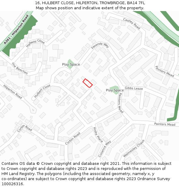 16, HULBERT CLOSE, HILPERTON, TROWBRIDGE, BA14 7FL: Location map and indicative extent of plot
