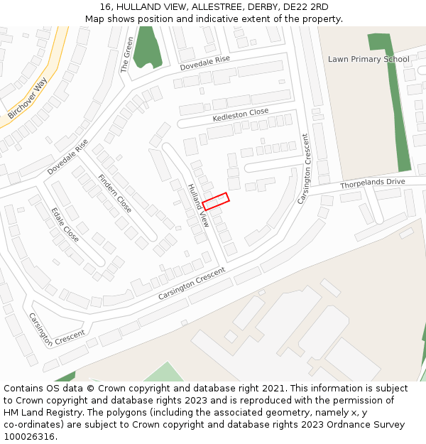 16, HULLAND VIEW, ALLESTREE, DERBY, DE22 2RD: Location map and indicative extent of plot