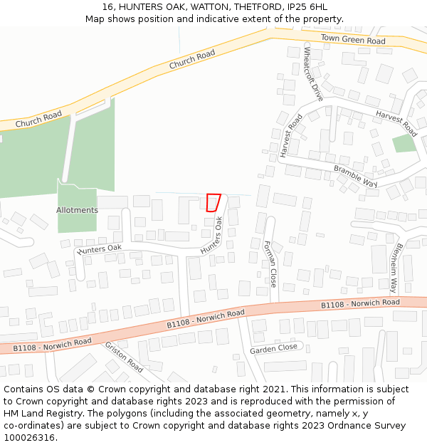 16, HUNTERS OAK, WATTON, THETFORD, IP25 6HL: Location map and indicative extent of plot