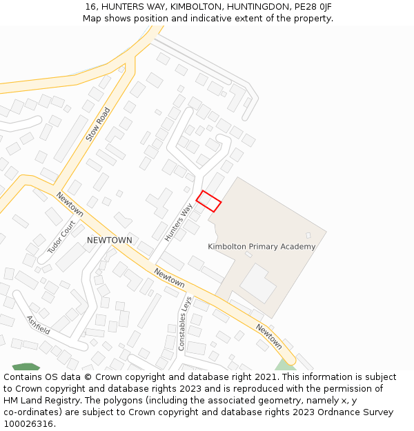 16, HUNTERS WAY, KIMBOLTON, HUNTINGDON, PE28 0JF: Location map and indicative extent of plot