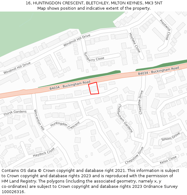 16, HUNTINGDON CRESCENT, BLETCHLEY, MILTON KEYNES, MK3 5NT: Location map and indicative extent of plot