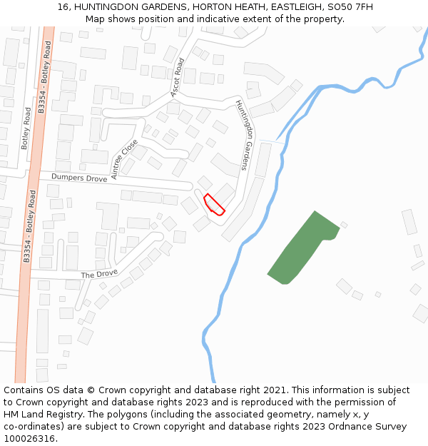 16, HUNTINGDON GARDENS, HORTON HEATH, EASTLEIGH, SO50 7FH: Location map and indicative extent of plot