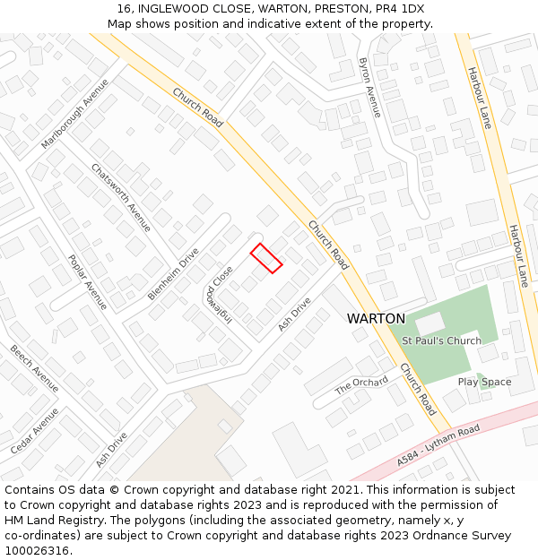 16, INGLEWOOD CLOSE, WARTON, PRESTON, PR4 1DX: Location map and indicative extent of plot