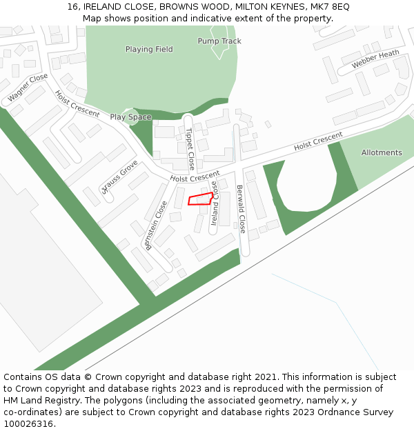 16, IRELAND CLOSE, BROWNS WOOD, MILTON KEYNES, MK7 8EQ: Location map and indicative extent of plot