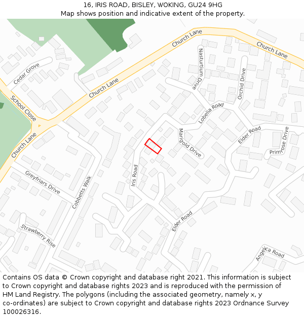 16, IRIS ROAD, BISLEY, WOKING, GU24 9HG: Location map and indicative extent of plot