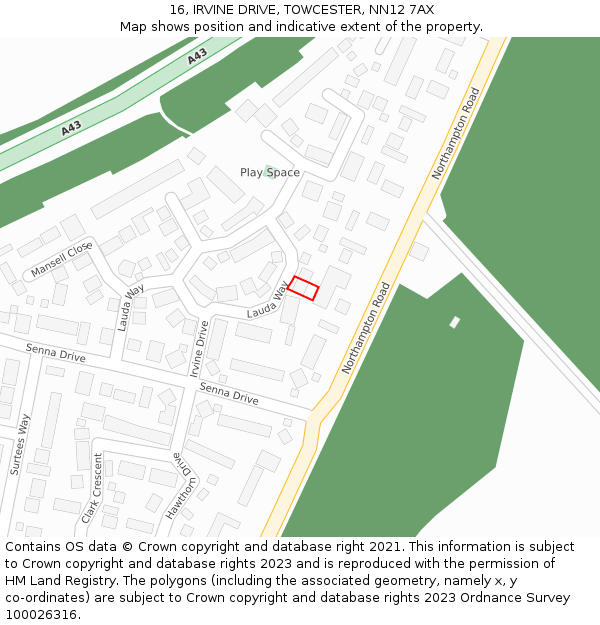 16, IRVINE DRIVE, TOWCESTER, NN12 7AX: Location map and indicative extent of plot