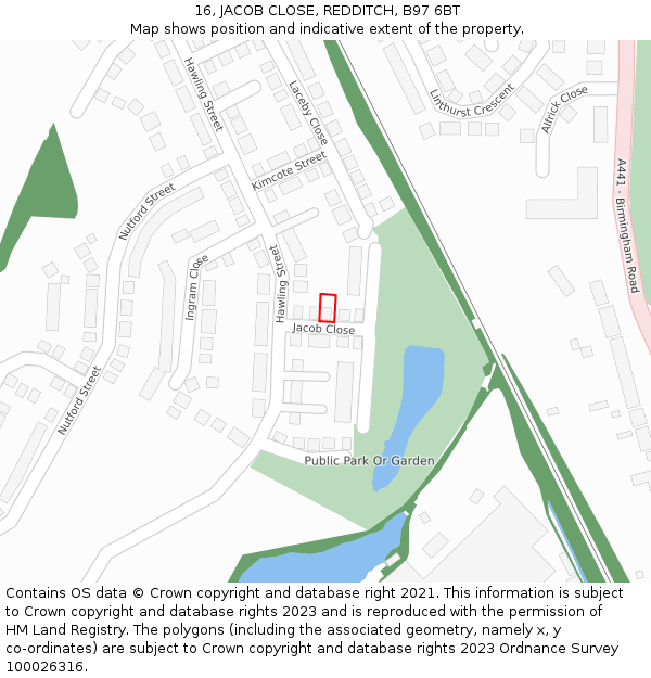 16, JACOB CLOSE, REDDITCH, B97 6BT: Location map and indicative extent of plot