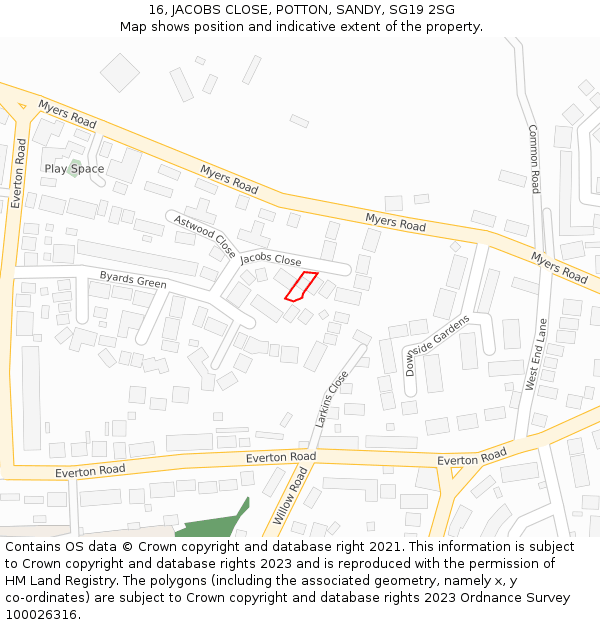 16, JACOBS CLOSE, POTTON, SANDY, SG19 2SG: Location map and indicative extent of plot