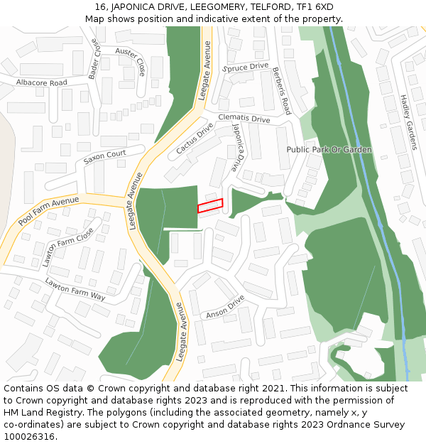 16, JAPONICA DRIVE, LEEGOMERY, TELFORD, TF1 6XD: Location map and indicative extent of plot