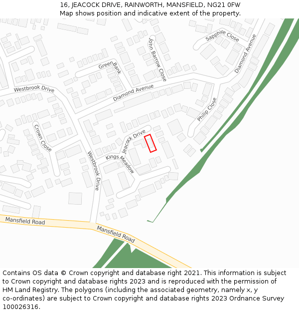 16, JEACOCK DRIVE, RAINWORTH, MANSFIELD, NG21 0FW: Location map and indicative extent of plot