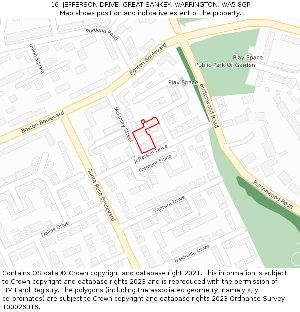 16, JEFFERSON DRIVE, GREAT SANKEY, WARRINGTON, WA5 8GP: Location map and indicative extent of plot