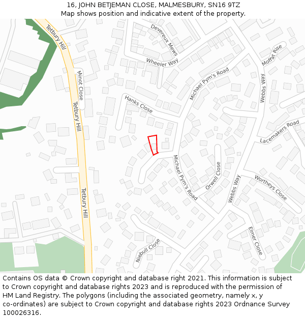 16, JOHN BETJEMAN CLOSE, MALMESBURY, SN16 9TZ: Location map and indicative extent of plot