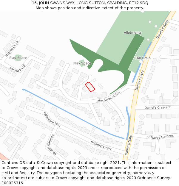 16, JOHN SWAINS WAY, LONG SUTTON, SPALDING, PE12 9DQ: Location map and indicative extent of plot