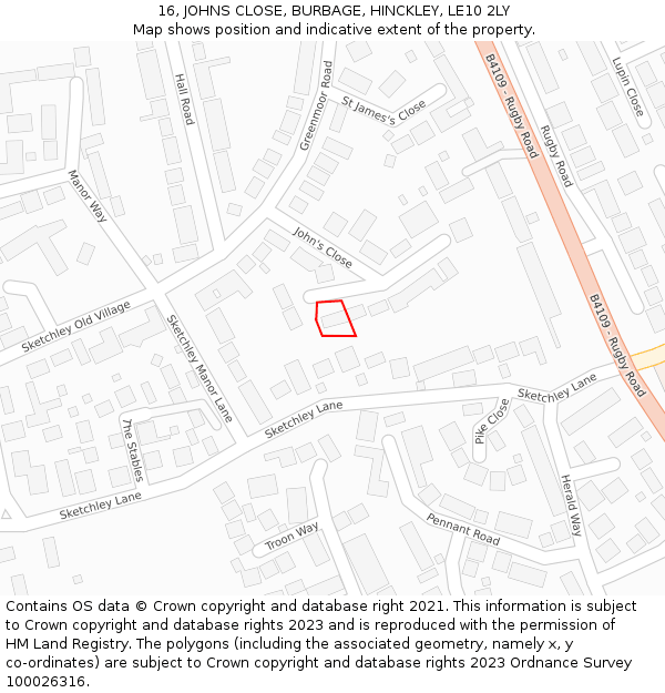 16, JOHNS CLOSE, BURBAGE, HINCKLEY, LE10 2LY: Location map and indicative extent of plot