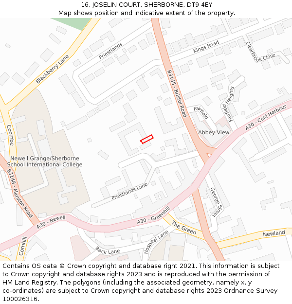 16, JOSELIN COURT, SHERBORNE, DT9 4EY: Location map and indicative extent of plot