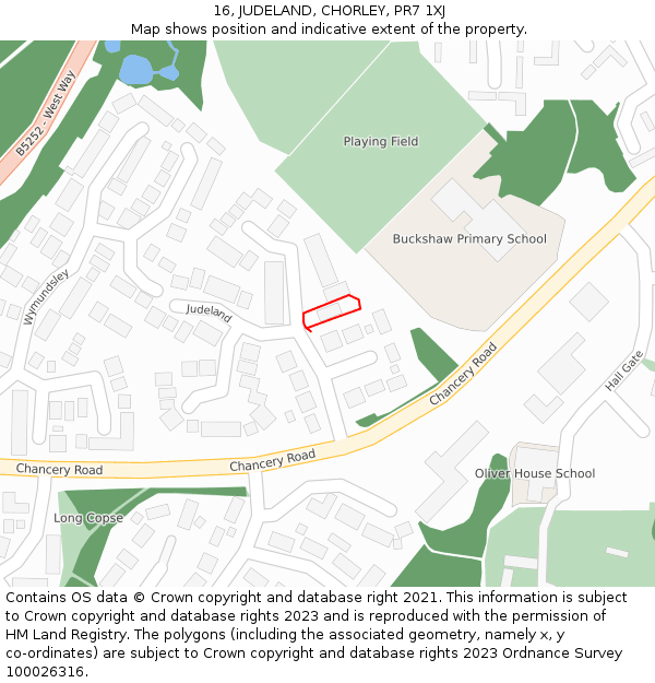 16, JUDELAND, CHORLEY, PR7 1XJ: Location map and indicative extent of plot