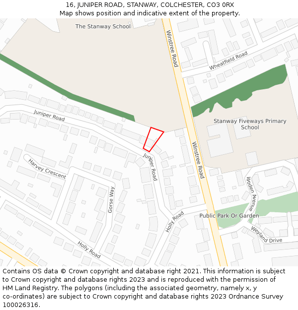 16, JUNIPER ROAD, STANWAY, COLCHESTER, CO3 0RX: Location map and indicative extent of plot