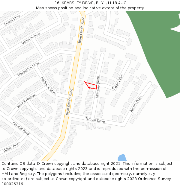 16, KEARSLEY DRIVE, RHYL, LL18 4UG: Location map and indicative extent of plot