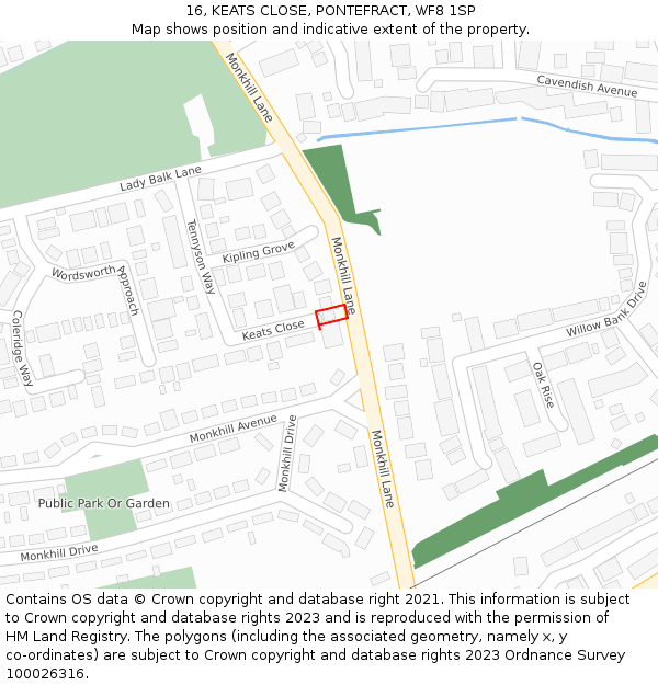 16, KEATS CLOSE, PONTEFRACT, WF8 1SP: Location map and indicative extent of plot