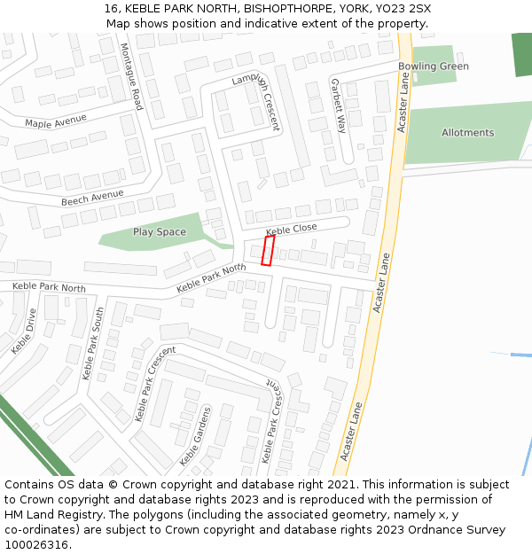 16, KEBLE PARK NORTH, BISHOPTHORPE, YORK, YO23 2SX: Location map and indicative extent of plot