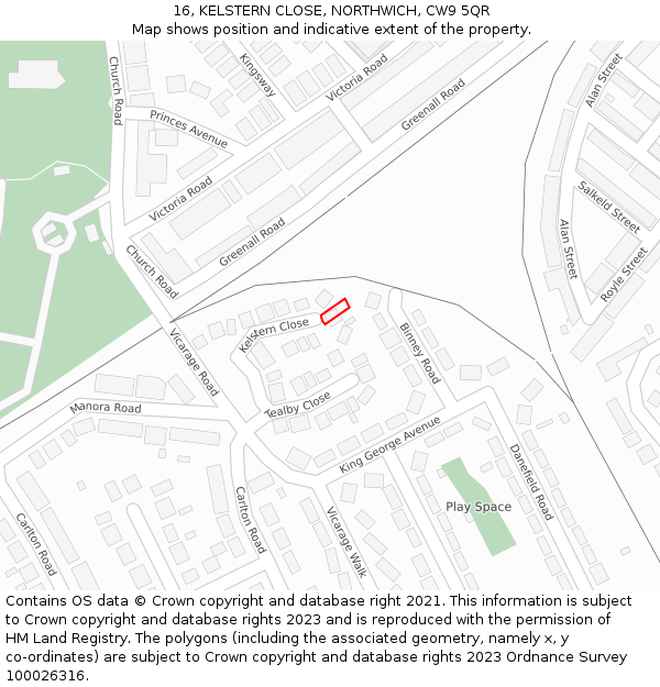 16, KELSTERN CLOSE, NORTHWICH, CW9 5QR: Location map and indicative extent of plot