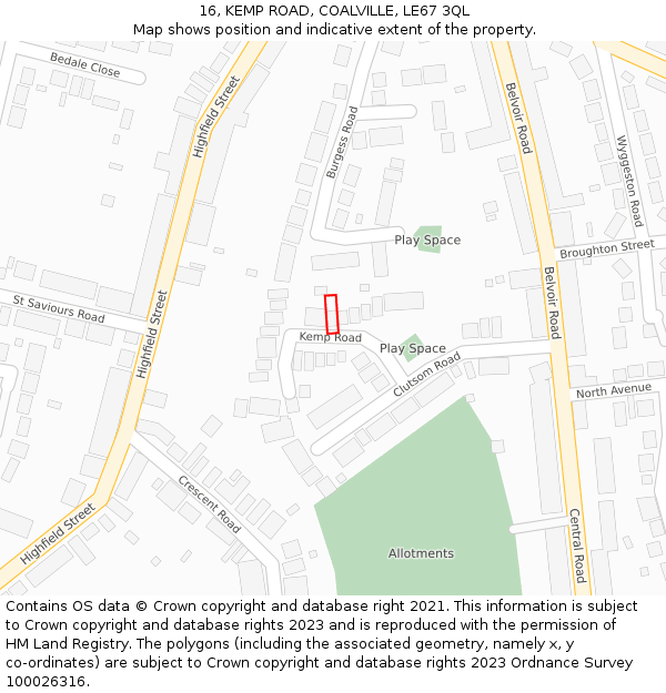 16, KEMP ROAD, COALVILLE, LE67 3QL: Location map and indicative extent of plot