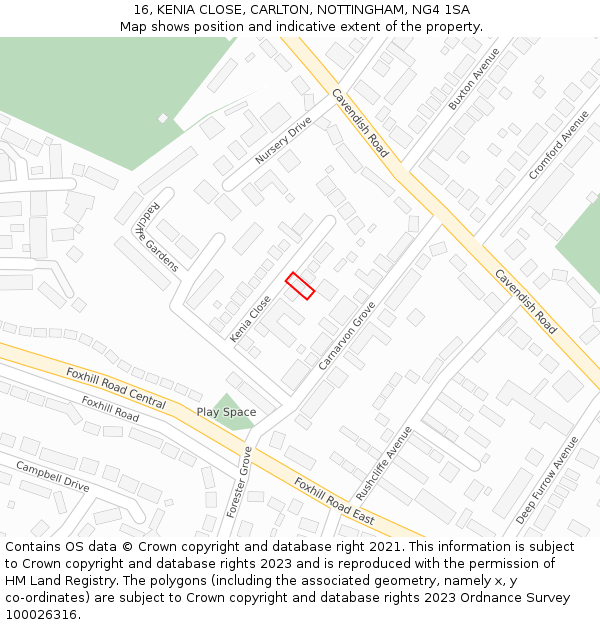 16, KENIA CLOSE, CARLTON, NOTTINGHAM, NG4 1SA: Location map and indicative extent of plot