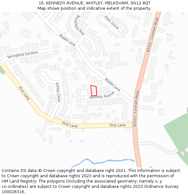 16, KENNEDY AVENUE, WHITLEY, MELKSHAM, SN12 8QT: Location map and indicative extent of plot