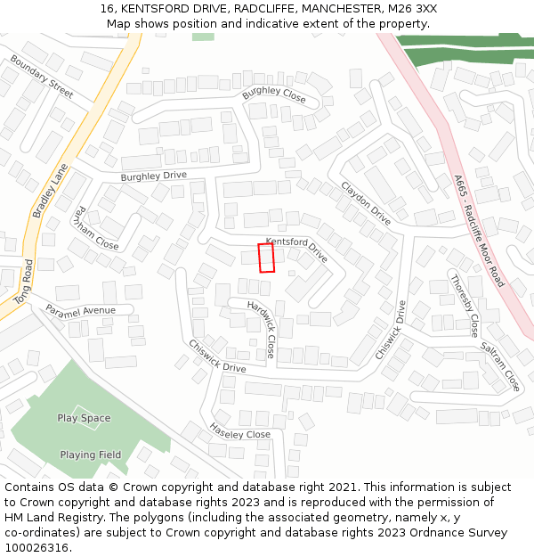 16, KENTSFORD DRIVE, RADCLIFFE, MANCHESTER, M26 3XX: Location map and indicative extent of plot