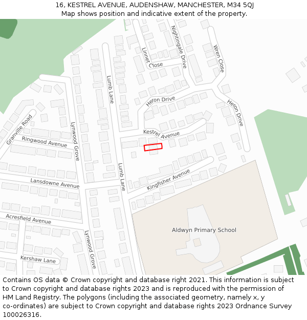 16, KESTREL AVENUE, AUDENSHAW, MANCHESTER, M34 5QJ: Location map and indicative extent of plot