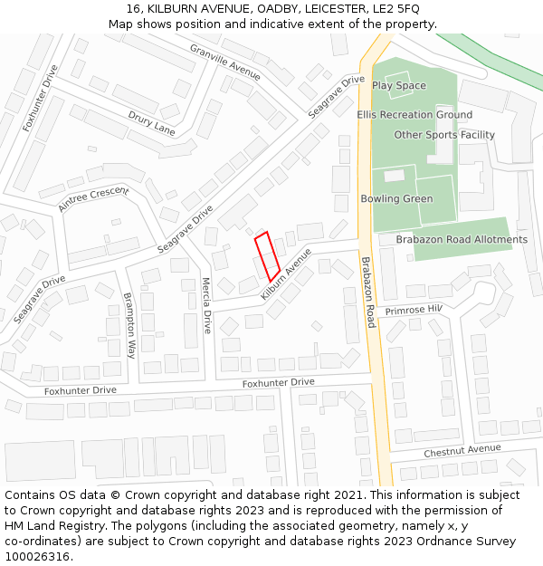 16, KILBURN AVENUE, OADBY, LEICESTER, LE2 5FQ: Location map and indicative extent of plot