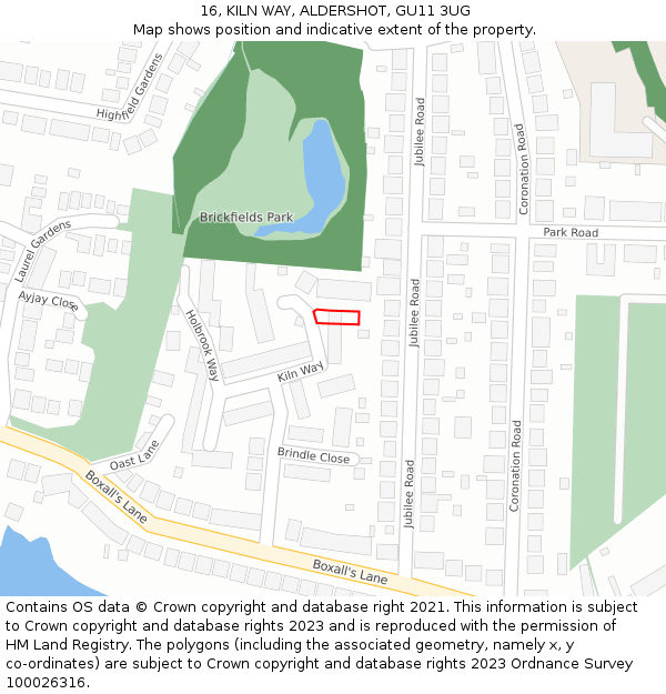 16, KILN WAY, ALDERSHOT, GU11 3UG: Location map and indicative extent of plot