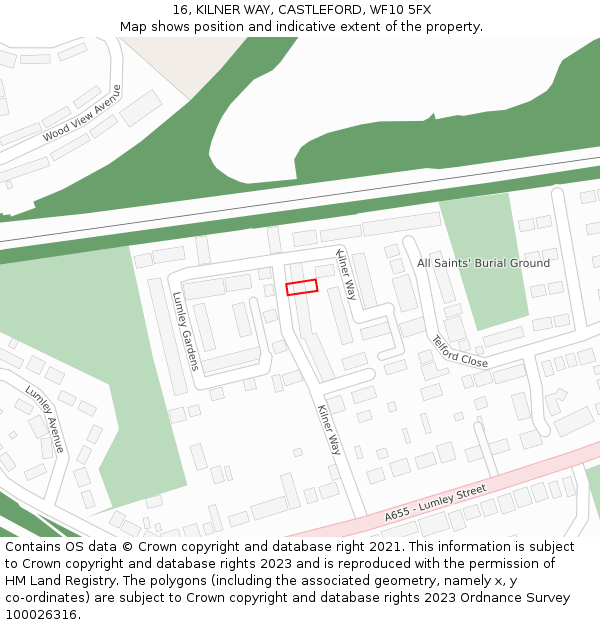 16, KILNER WAY, CASTLEFORD, WF10 5FX: Location map and indicative extent of plot