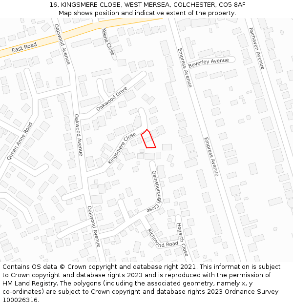 16, KINGSMERE CLOSE, WEST MERSEA, COLCHESTER, CO5 8AF: Location map and indicative extent of plot
