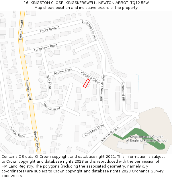 16, KINGSTON CLOSE, KINGSKERSWELL, NEWTON ABBOT, TQ12 5EW: Location map and indicative extent of plot