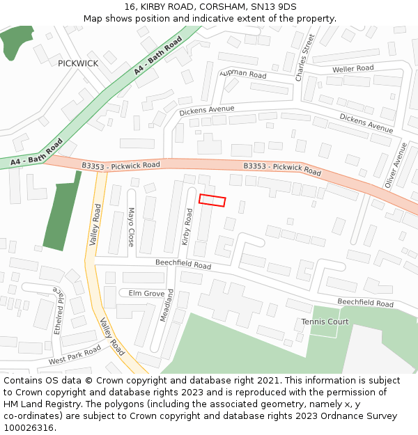16, KIRBY ROAD, CORSHAM, SN13 9DS: Location map and indicative extent of plot