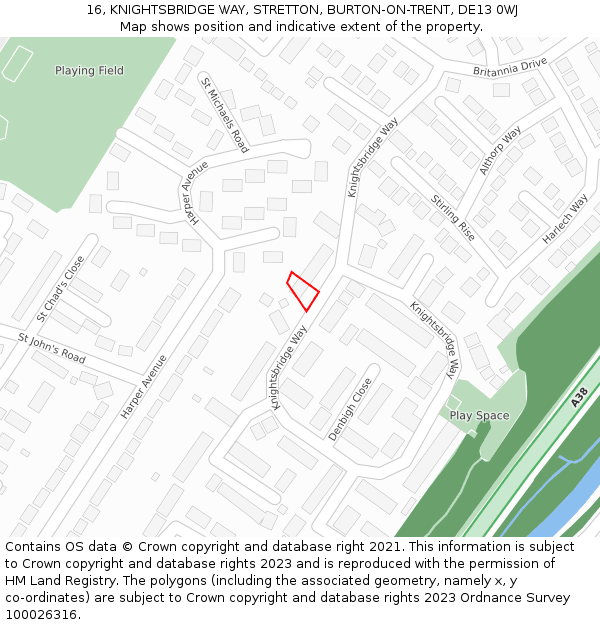 16, KNIGHTSBRIDGE WAY, STRETTON, BURTON-ON-TRENT, DE13 0WJ: Location map and indicative extent of plot