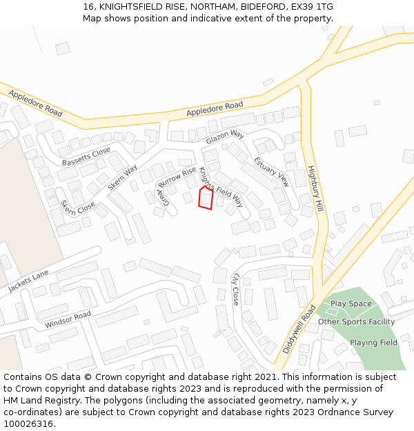 16, KNIGHTSFIELD RISE, NORTHAM, BIDEFORD, EX39 1TG: Location map and indicative extent of plot