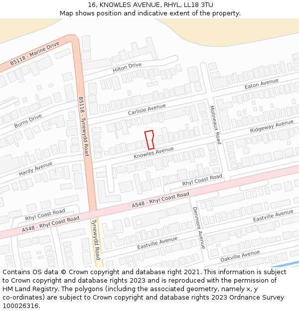 16, KNOWLES AVENUE, RHYL, LL18 3TU: Location map and indicative extent of plot