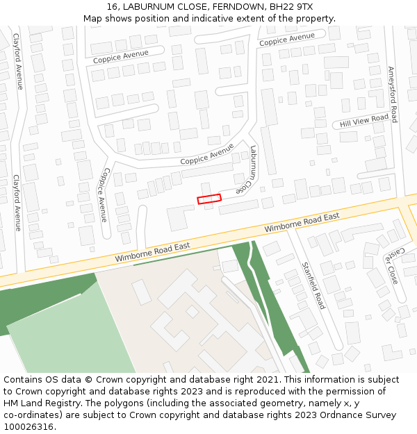 16, LABURNUM CLOSE, FERNDOWN, BH22 9TX: Location map and indicative extent of plot