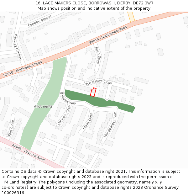 16, LACE MAKERS CLOSE, BORROWASH, DERBY, DE72 3WR: Location map and indicative extent of plot