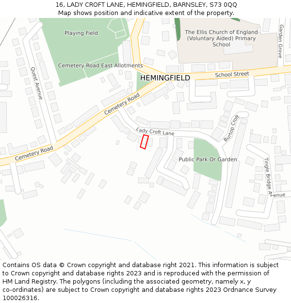 16, LADY CROFT LANE, HEMINGFIELD, BARNSLEY, S73 0QQ: Location map and indicative extent of plot