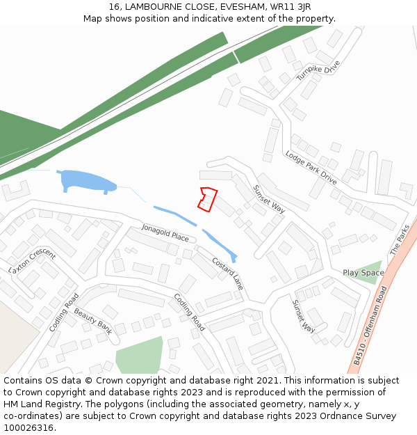 16, LAMBOURNE CLOSE, EVESHAM, WR11 3JR: Location map and indicative extent of plot